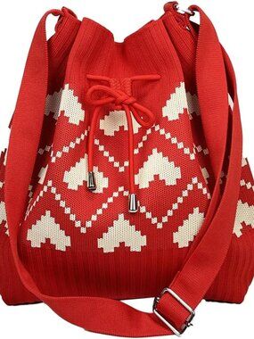 Knit Bucket Bag Women Trendy Crochet Knitted Drawstring Hobo Shoulder Bags Cross